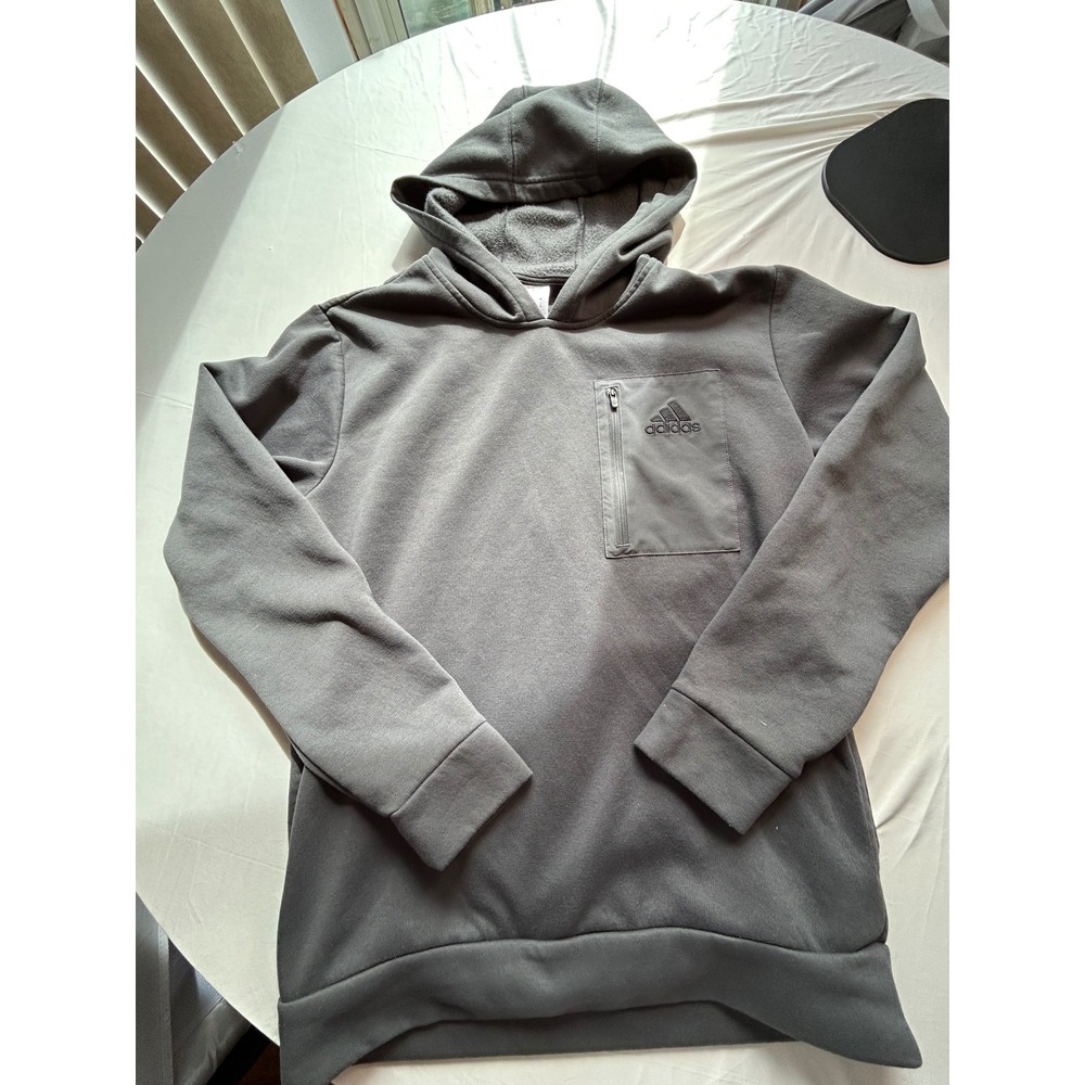 Adidas Mens Hoodie Charcoal Gray Fleece Pullover Zip Chest Pocket Size Medium